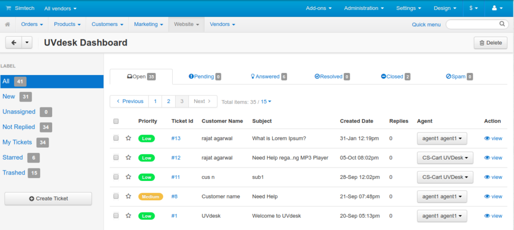 CS-Cart Help Desk Admin Dashboard